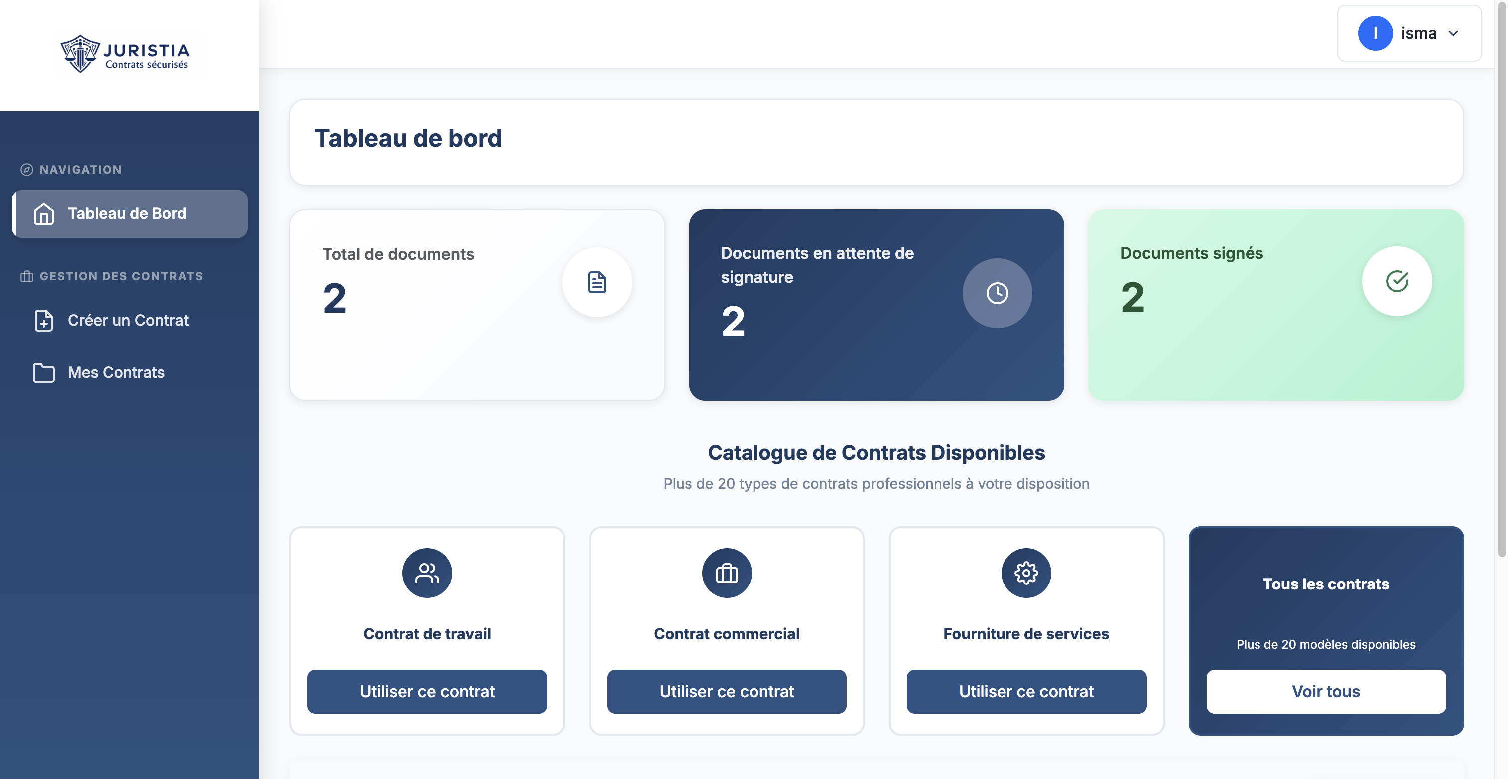 Dashboard Juristia - Interface de gestion des contrats